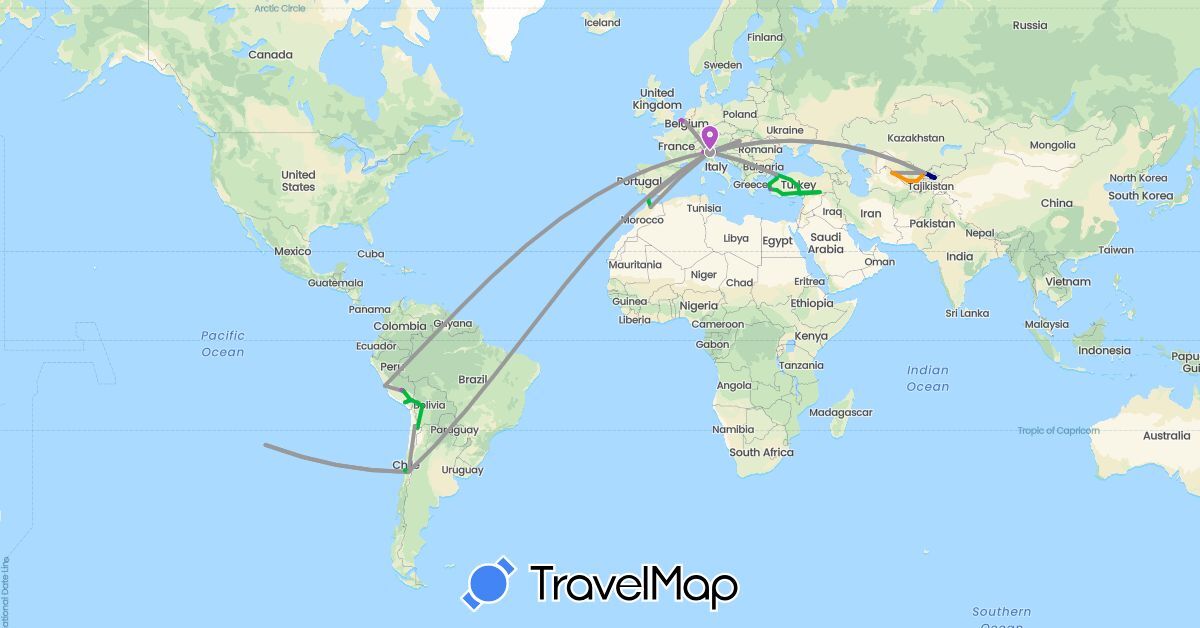 TravelMap itinerary: driving, bus, plane, train, hitchhiking in Belgium, Bolivia, Chile, Hungary, Italy, Morocco, Peru, Turkey, Uzbekistan (Africa, Asia, Europe, South America)